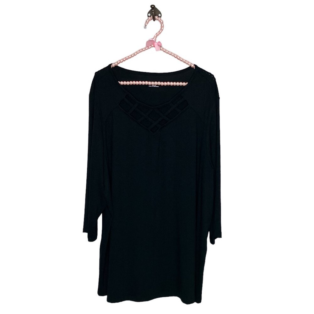 Catherines 1X Black Strappy Cage Front Illusion V-Neck Knit Top Blouse‎ Plus